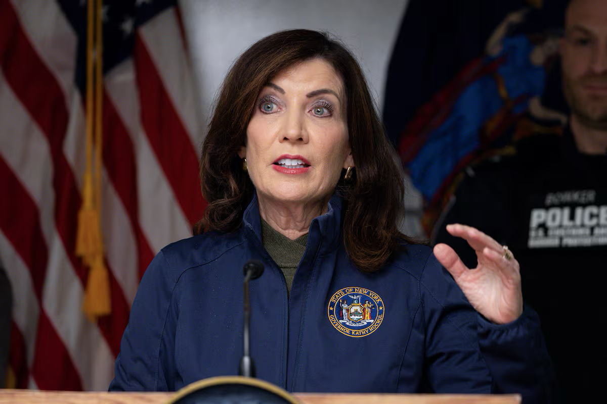 New York Governor Kathy Hochul speaks to press after an incident at the Rainbow Bridge U.S. border crossing with Canada, in Niagara Falls, New York, U.S. November 22, 2023. 