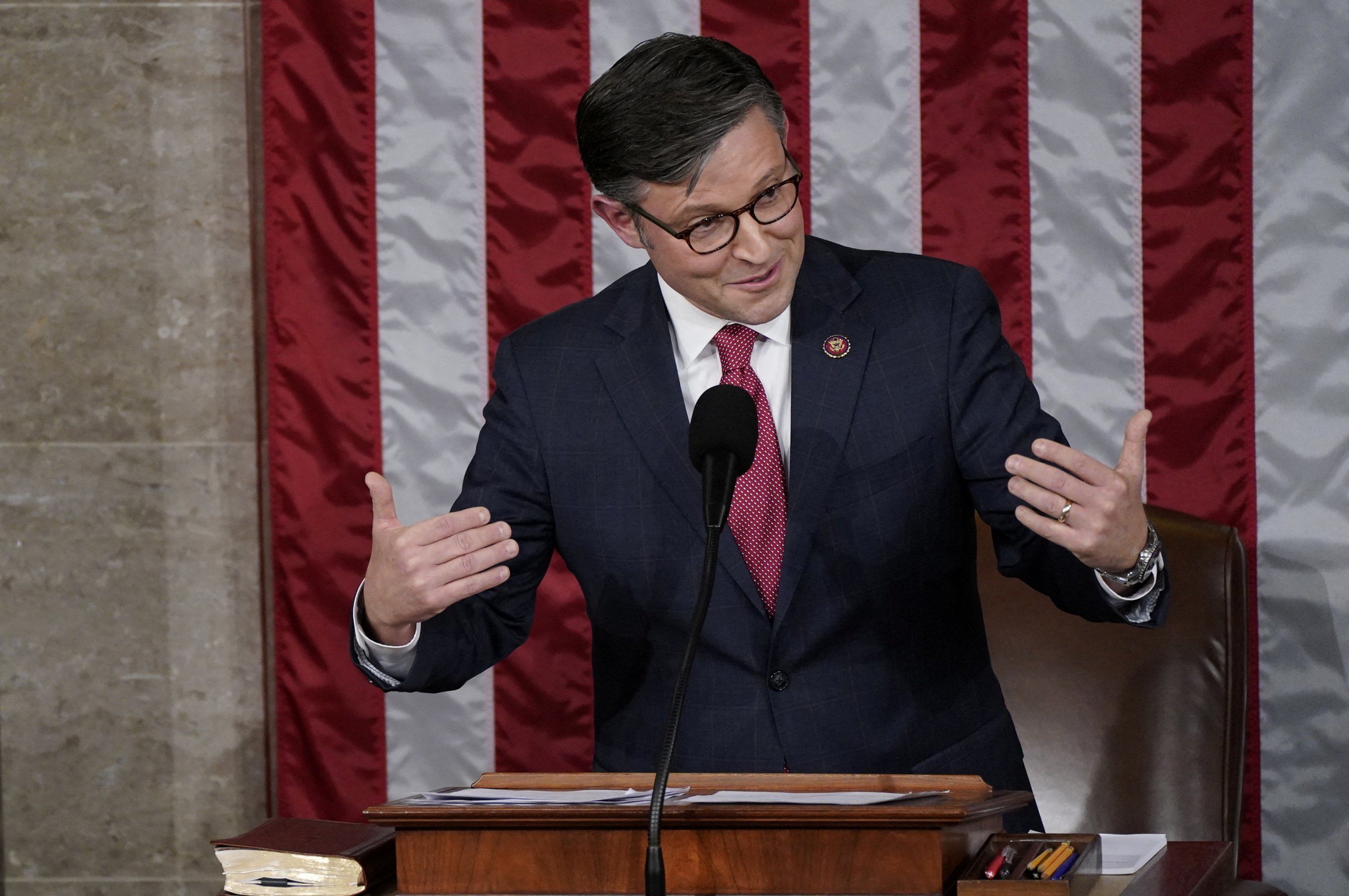 Newly elected Speaker of the House Mike Johnson (R-LA) addresses the U.S. House of Representatives after he was elected to be the new Speaker at the U.S. Capitol in Washington, U.S., October 25, 2023.