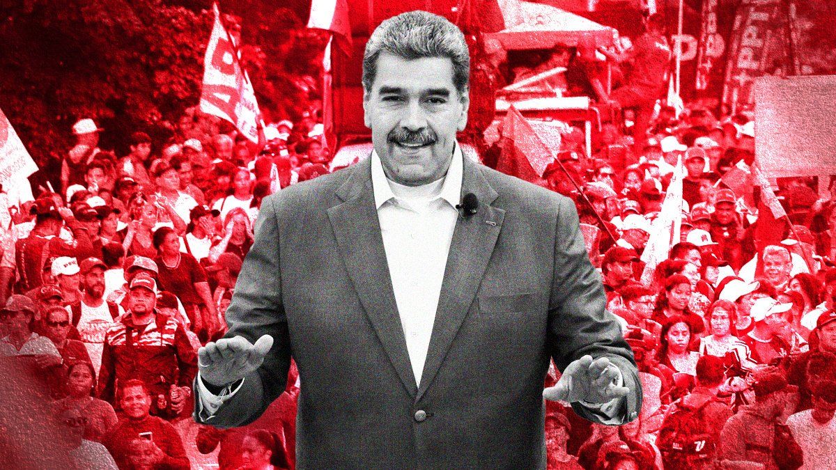 Nicolas Maduro standing in front of protestors in Venezuela.