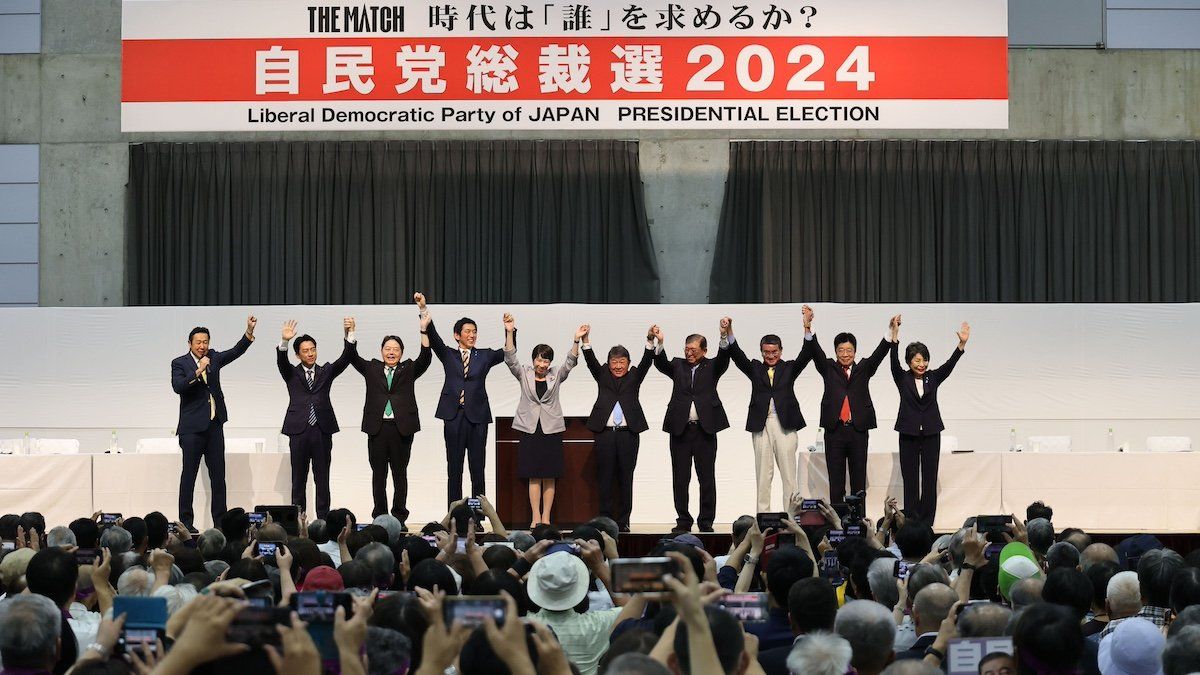 Nine candidates for the Japan Liberal Democratic Party presidential election attend a speech meeting in Matsue City, Shimane Prefecture, Japan, on September 20, 2024.