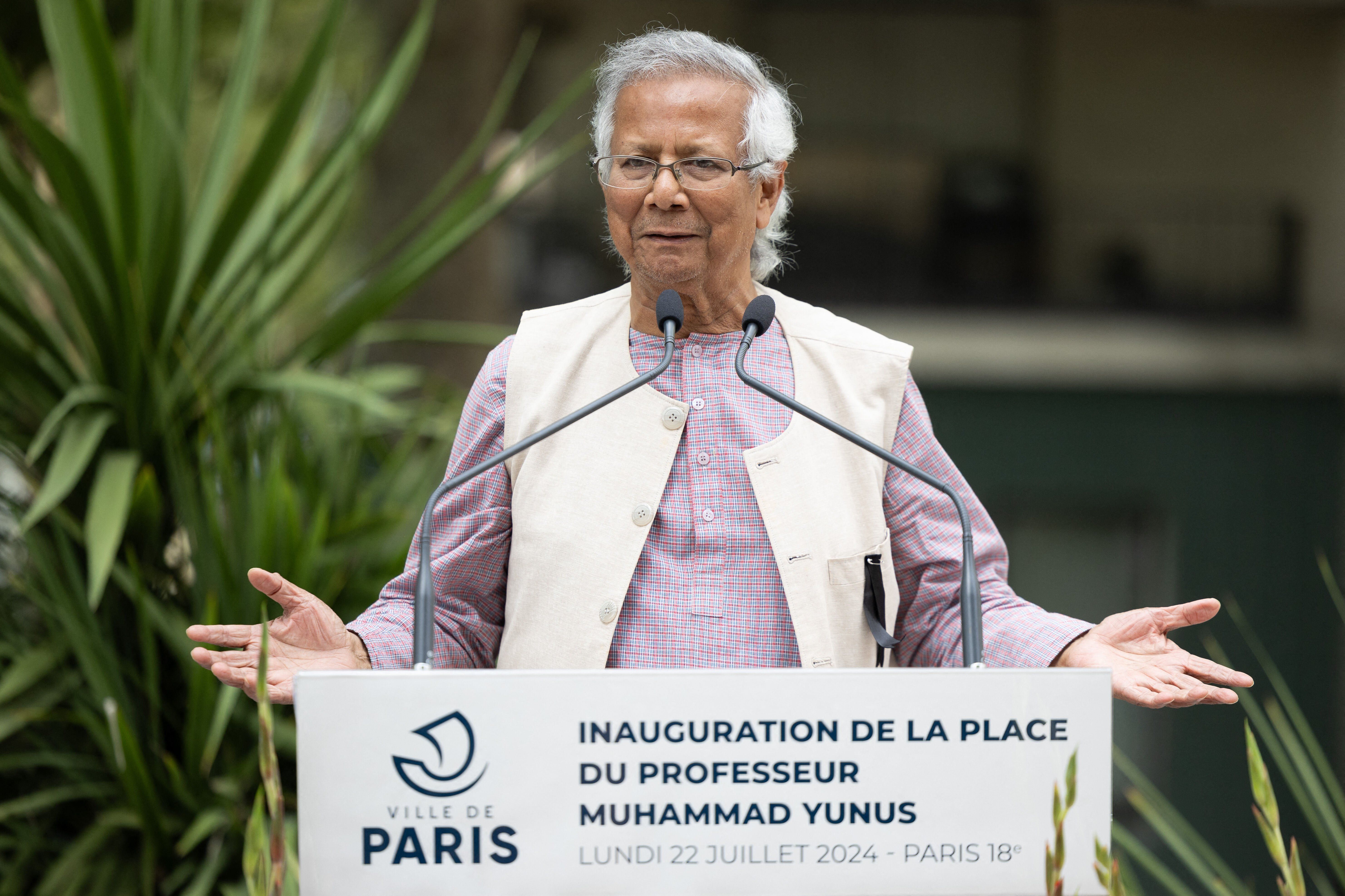 Nobel peace laureate Muhammad Yunus during the inauguration of the Muhammad Yunus place in the 18th arrondissement of Paris, on July 22, 2024. ​