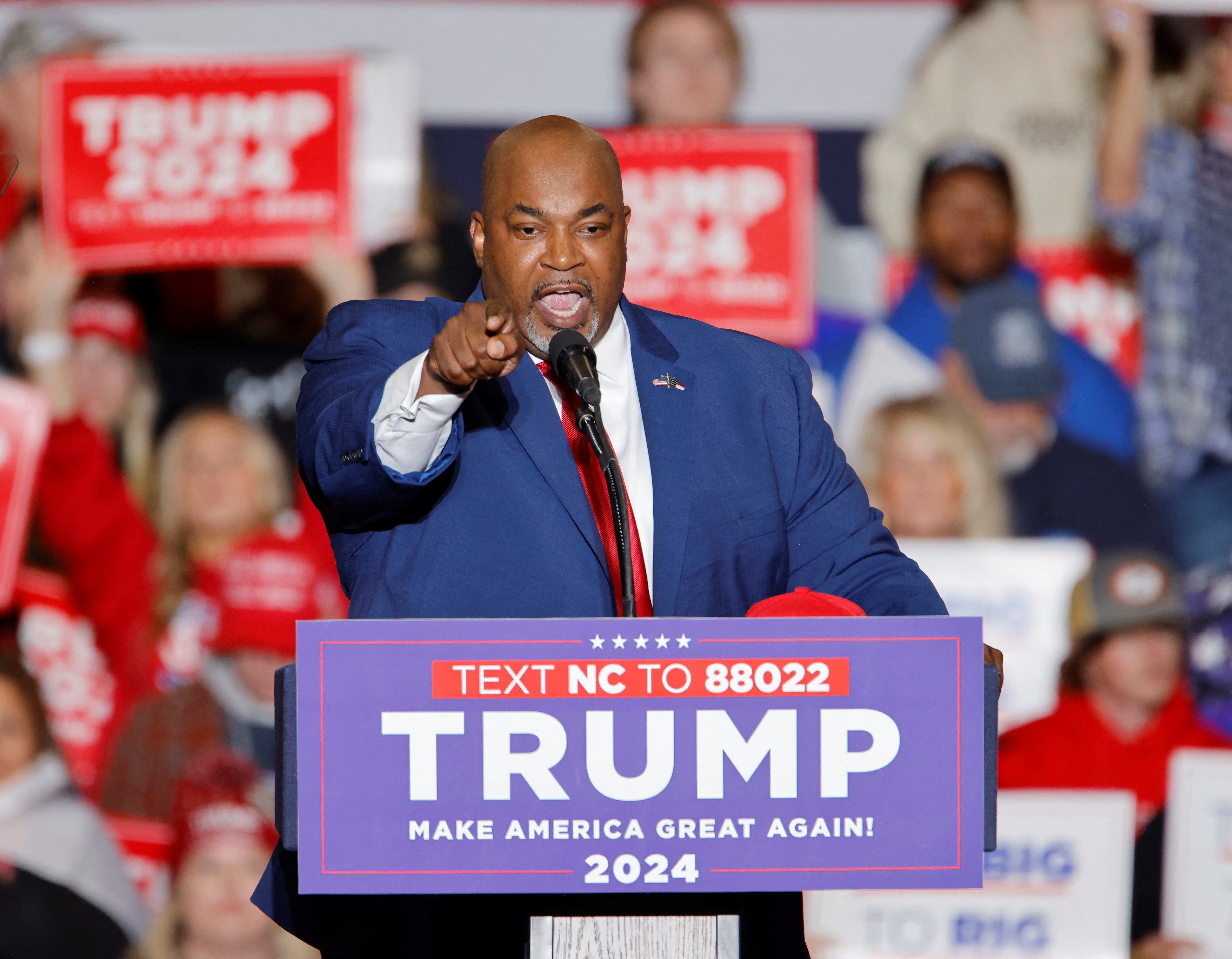 ​North Carolina Lieutenant Governor Mark Robinson, whom Republican presidential candidate and former U.S. President Donald Trump has endorsed in the race to be the state's next governor, speaks before his arrival for a rally in Greensboro, North Carolina, U.S., March 2, 2024. 