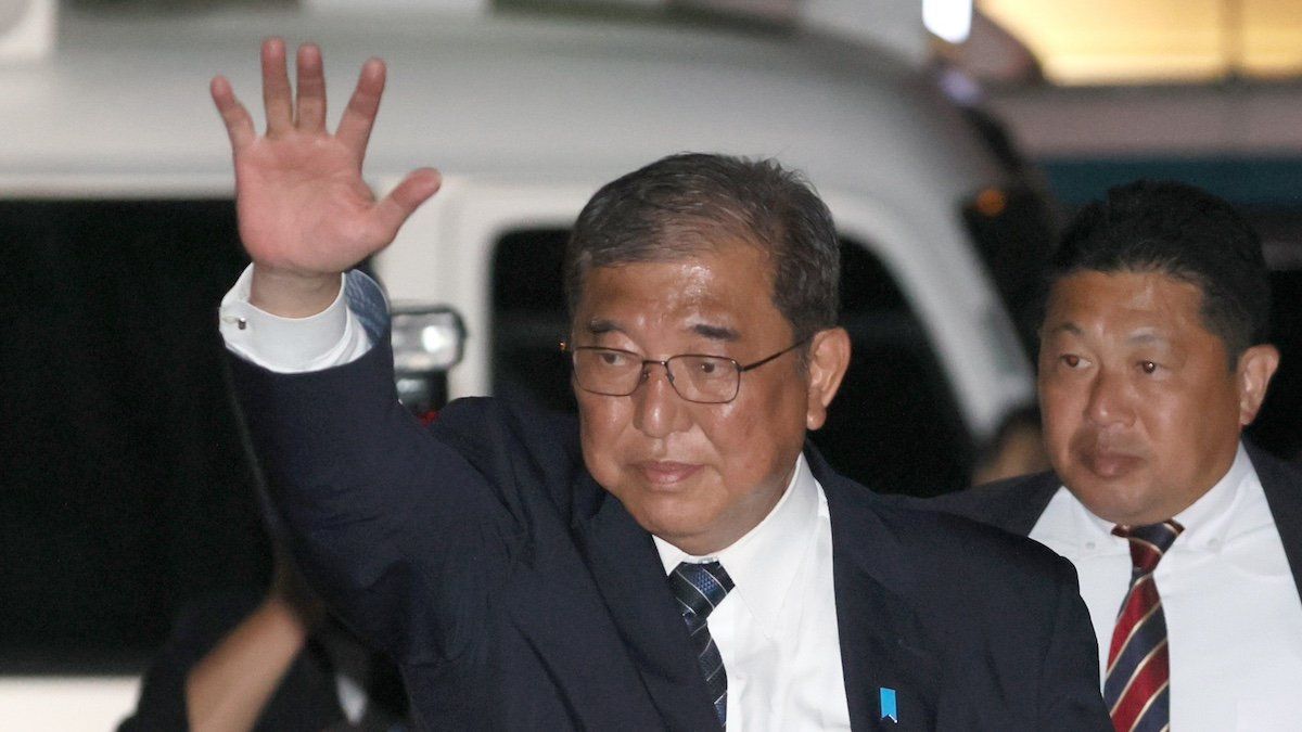 ​October 23, 2024, Kamagaya, Japan - Japanese Prime Minister and leader of the ruling Liberal Democratic Party (LDP) Shigeru Ishiba reacts to his supporters after he delivered a campaign speech for his party candidate Hisashi Matsumoto for the general election at Kamagaya in Chiba prefecture, suburban Tokyo on Wednesday, October 23, 2024. 