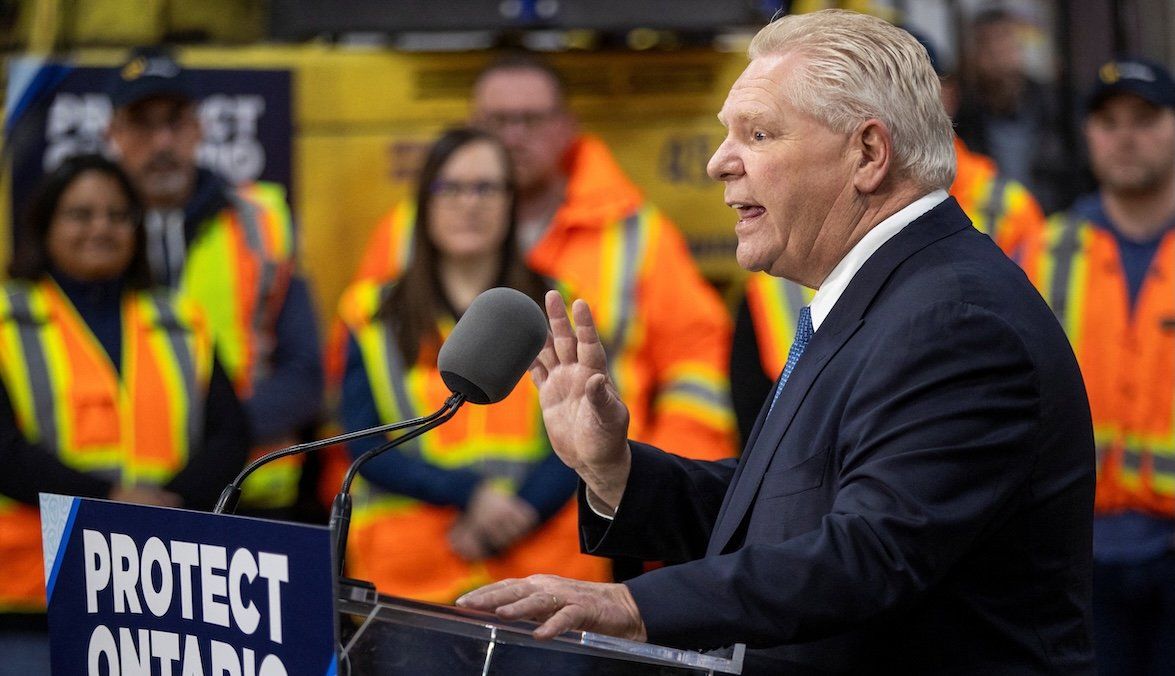 ​Ontario Premier Doug Ford speaks during a campaign stop at Walker Construction in Niagara Falls, Ontario, Canada, on Jan. 31, 2025.