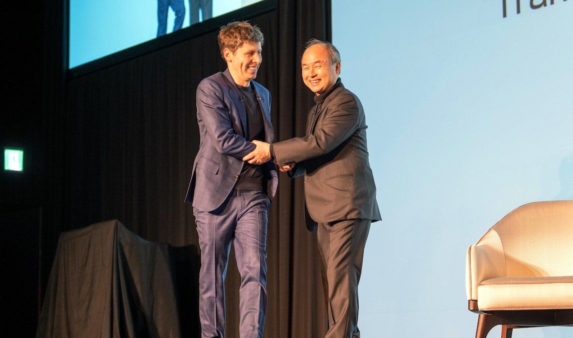 ​Open AI CEO Sam Altman, left, and SoftBank Group CEO Masayoshi Son attend a marketing event in Tokyo, Japan, on Feb. 3, 2025. 