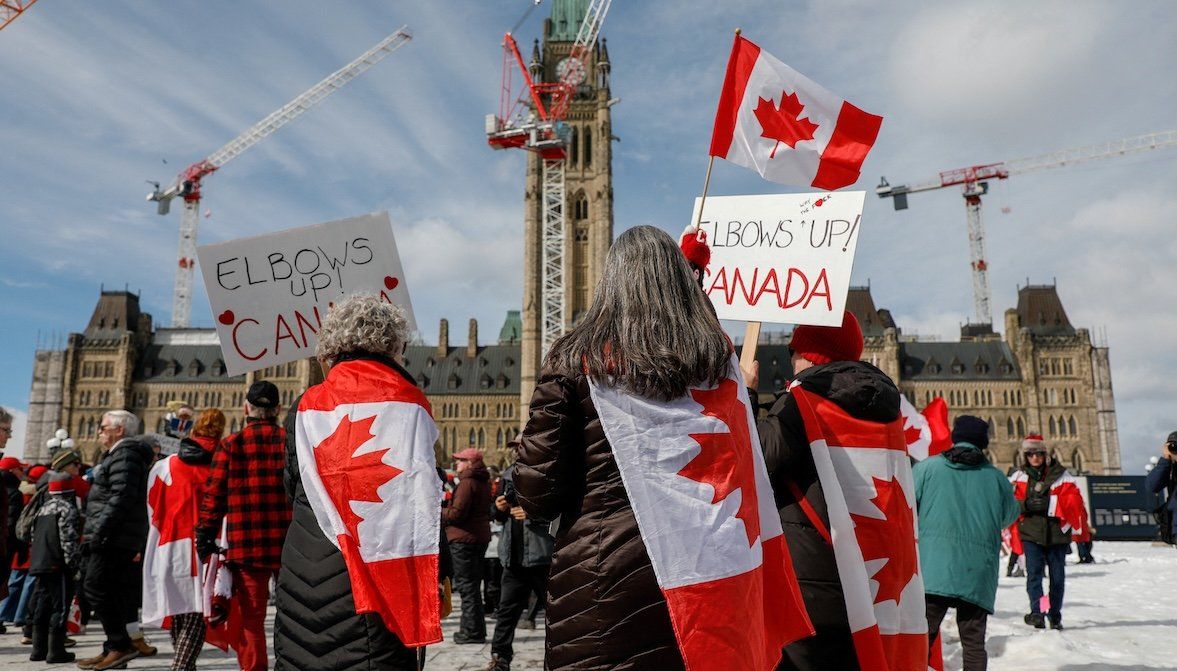 People gather for the "Elbows up" rally on Parliament Hill in Ottawa, Ontario, Canada, on March 9, 2025. 