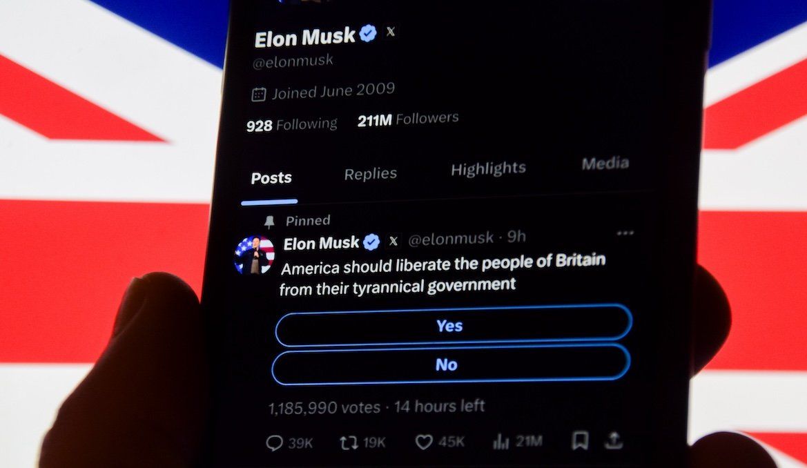 Photo illustration showing Elon Musk's post on X on a mobile phone, with a Union Jack in the background. Elon Musk has posted a stream of online attacks on British Prime Minister Keir Starmer on his platform X, formerly Twitter. 