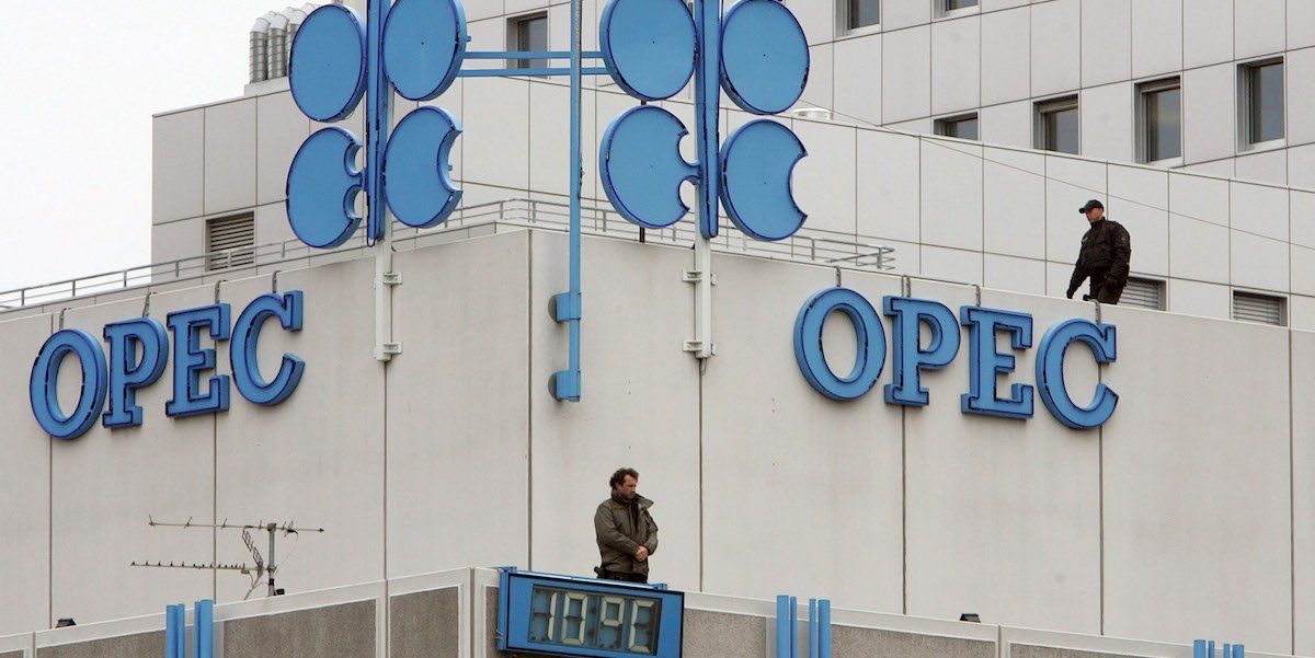 ​Police officers stand guard on the rooftop of Vienna's OPEC headquarters before the start of meeting of OPEC oil.