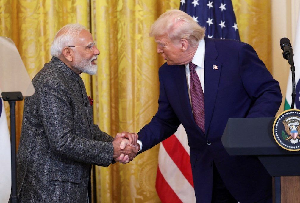 President Donald Trump and Indian Prime Minister Narendra Modi shake hands as they attend a joint press conference at the White House in Washington, DC, on Feb. 13, 2025. 