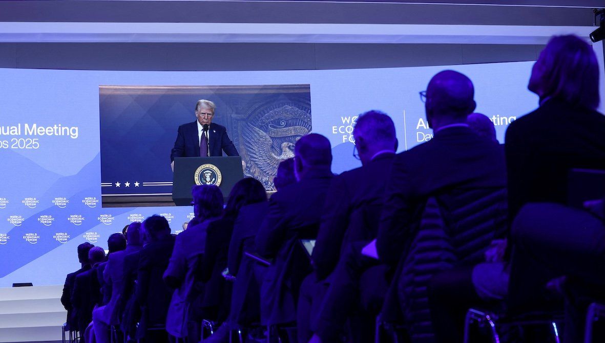 ​President Donald Trump makes a special address remotely during the 55th annual World Economic Forum meeting in Davos, Switzerland, on Jan. 23, 2025. 