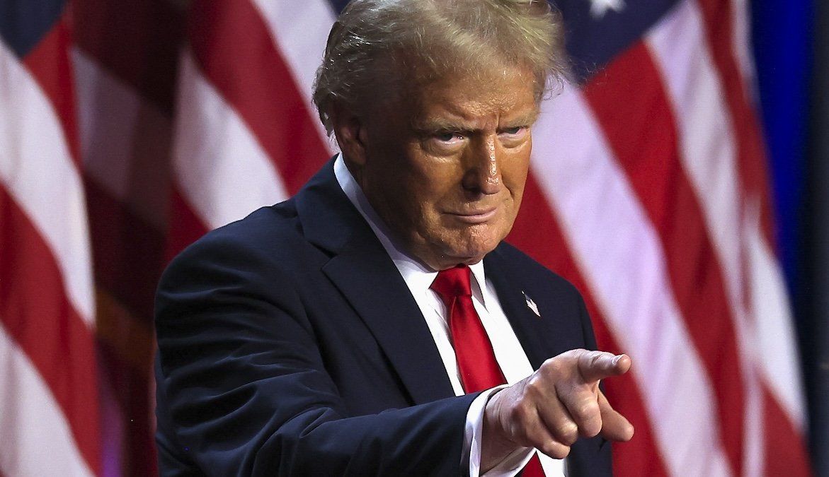 President-elect Donald Trump points his finger at the Palm Beach County Convention Center on Nov. 6, 2024. 