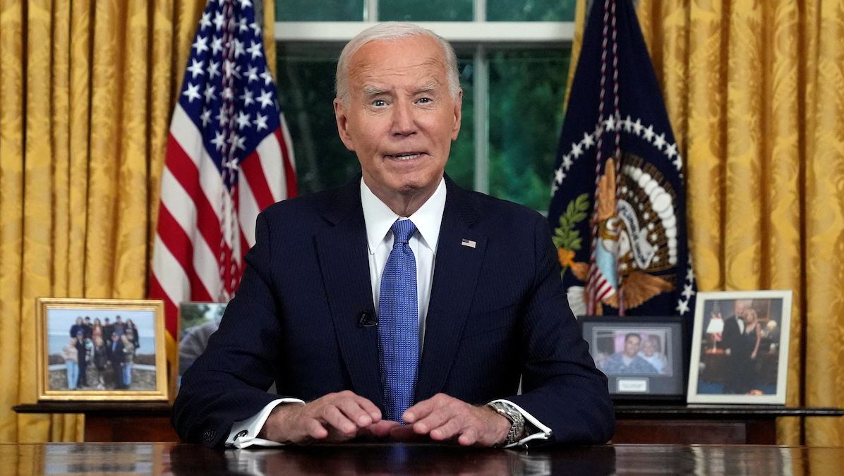 ​President Joe Biden addresses the nation from the Oval Office of the White House in Washington, on July 24, 2024, about his decision to drop his Democratic presidential reelection bid. 