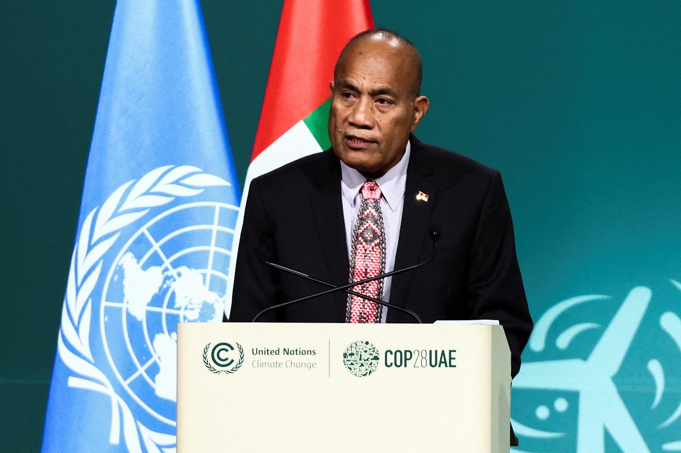 ​President of Kiribati Taneti Maamau delivers a statement during the United Nations Climate Change Conference COP28 in Dubai, United Arab Emirates, December 9, 2023. 