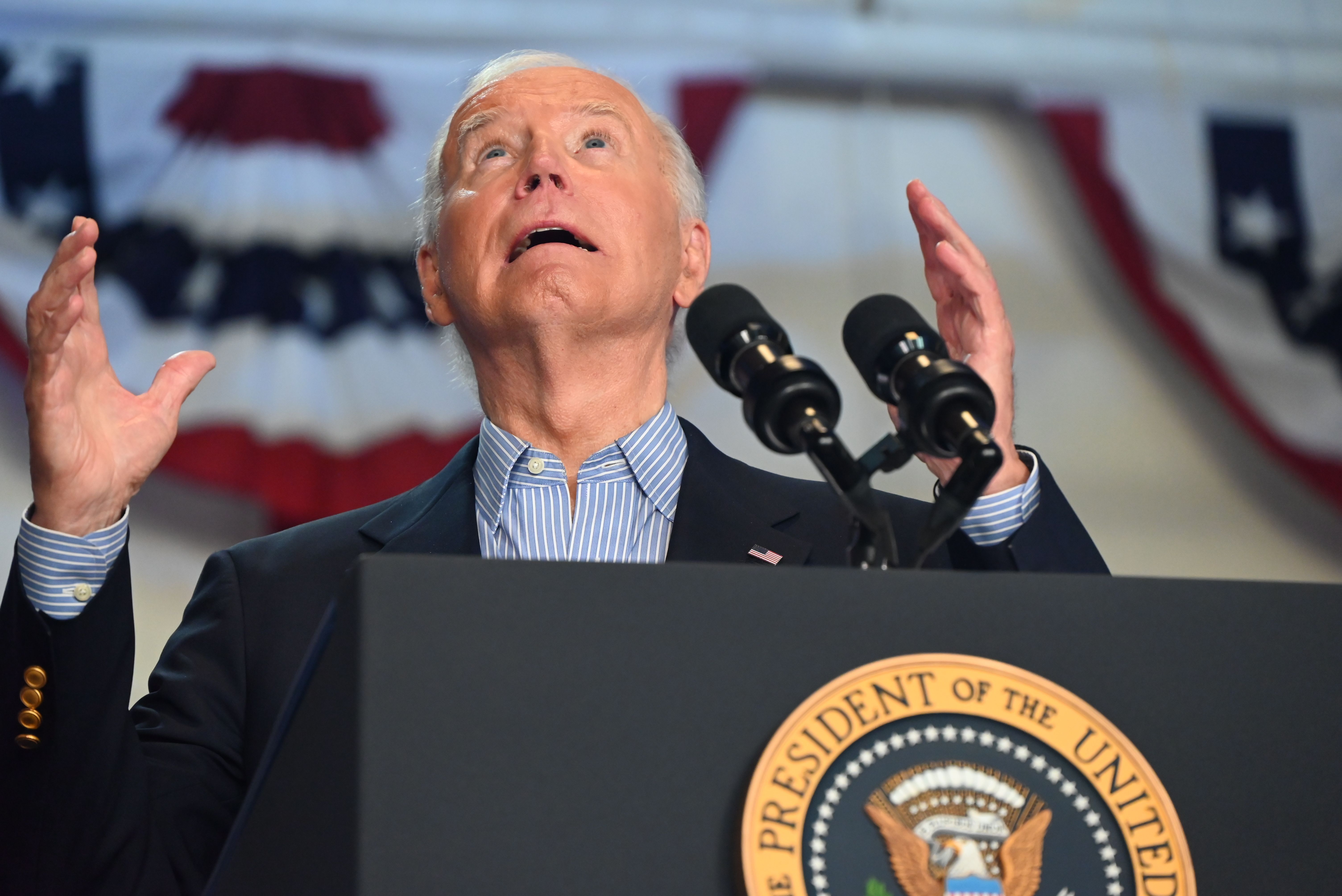 President of the United States Joe Biden is delivering remarks at a campaign rally at Sherman Middle School in Madison, Wisconsin, United States, on July 5, 2024.