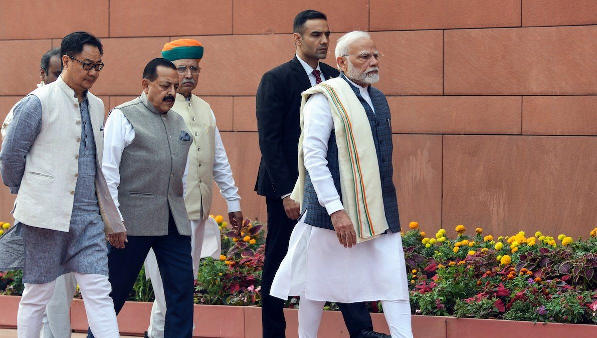 Prime Minister Narendra Modi arrives to address the media ahead of the commencement of the Winter Session of Parliament, in New Delhi, on Monday, Nov. 25. 