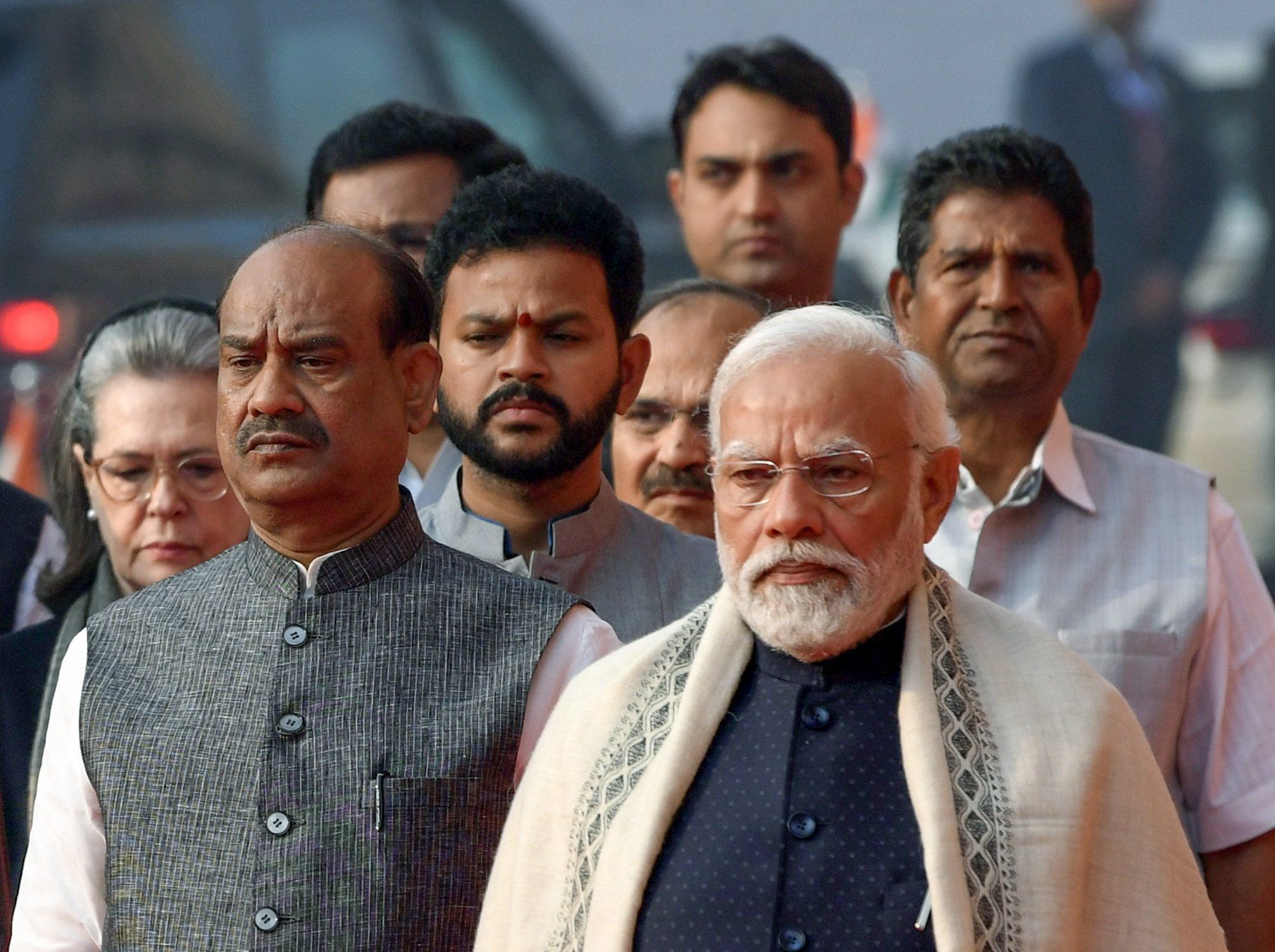 Prime Minister Narendra Modi with Lok Sabha Speaker Om Birla and Congress Parliamentary Party Chairperson Sonia Gandhi 