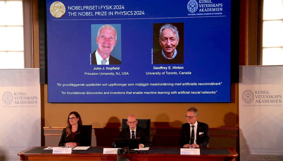 ​Professor Ellen Moons, Secretary General at the Swedish Academy of Sciences Hans Ellegren, and Professor Anders Irback announce that John J. Hopfield and Geoffrey E. Hinton are the winners of this year's Nobel Prize winners in Physics in Stockholm, Sweden, on Oct. 8, 2024. 