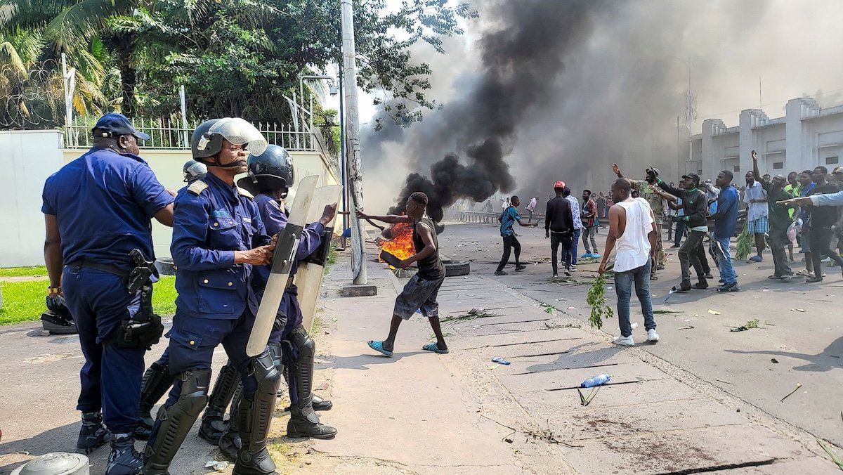 ​Protesters clash with riot police forces in front of the French Embassy in Kinshasa, Democratic Republic of Congo, on Jan. 28, 2025. 