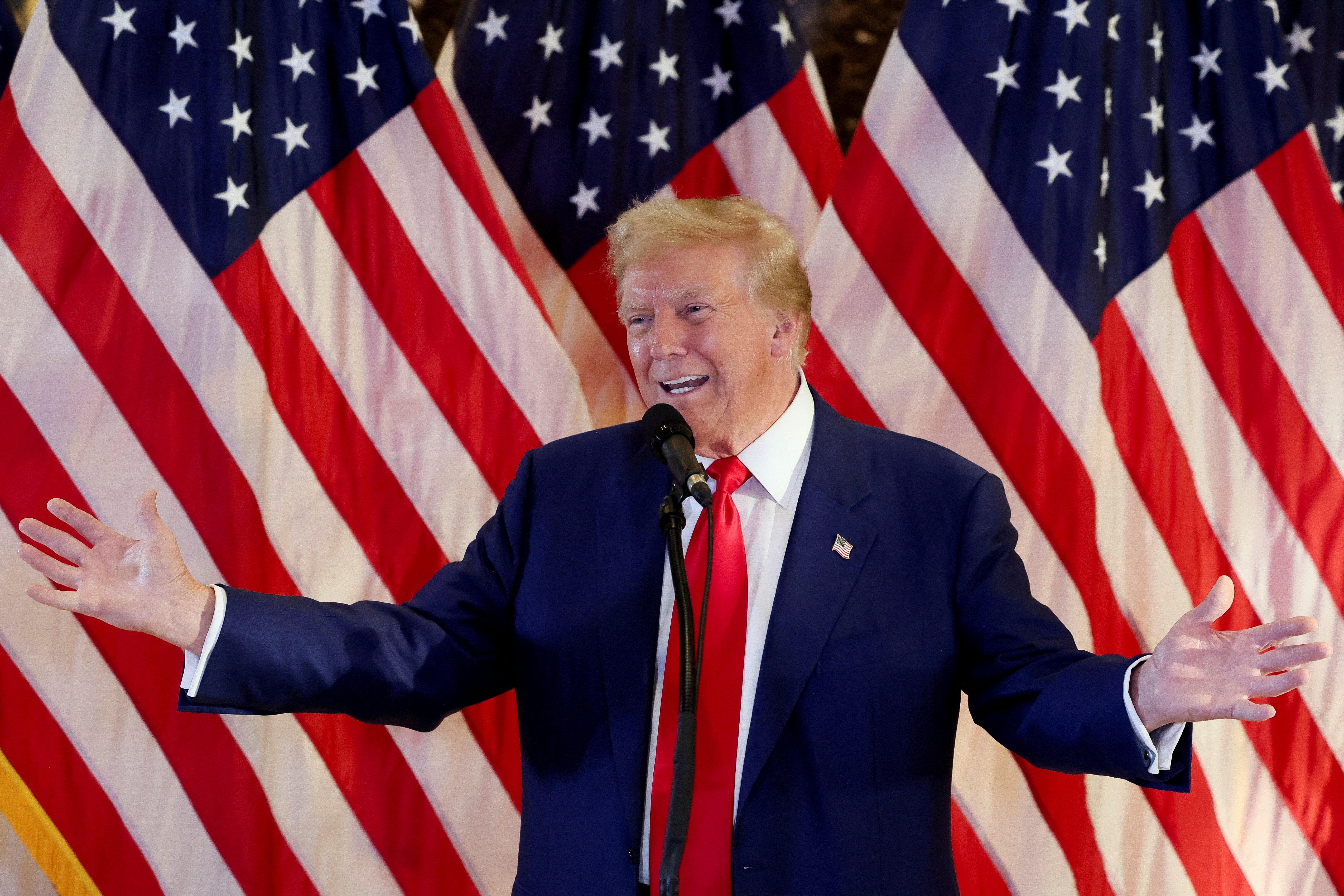 ​Republican presidential candidate and former U.S. President Donald Trump gestures as he speaks during a press conference at Trump Tower in New York City, U.S., May 31, 2024. 