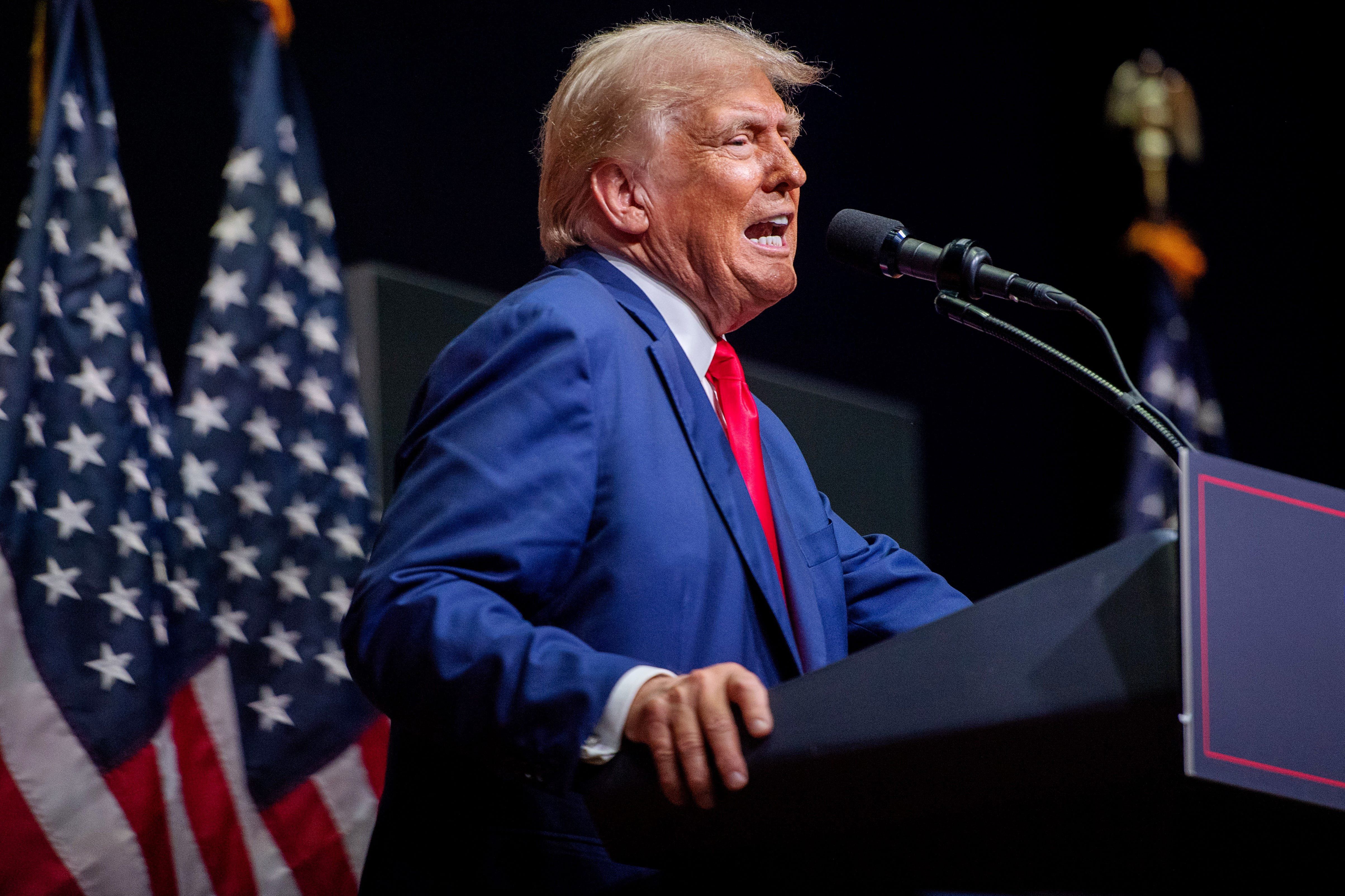 Republican presidential candidate Donald Trump speaks to supporters at a rally at Thomas Wolfe Auditorium in Asheville, August 14, 2024.