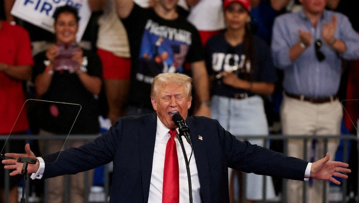 Republican presidential nominee and former President Donald Trump gestures as he speaks during a campaign rally in Atlanta, Georgia, on Aug. 3, 2024. 