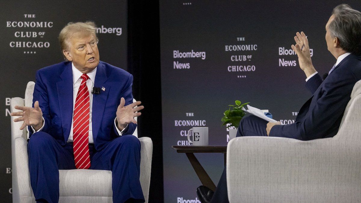 ​Republican presidential nominee and former President Donald Trump speaks with Bloomberg Editor-in-Chief John Micklethwait during an appearance with the Economic Club of Chicago on Tuesday, Oct. 15, 2024, at the Fairmont Hotel in Chicago. 