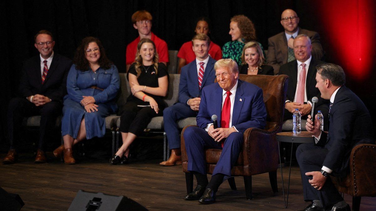 ​Republican presidential nominee and former U.S. President Donald Trump reacts at a Faith Leaders Roundtable at Zebulon, Georgia, U.S., October 23, 2024. 