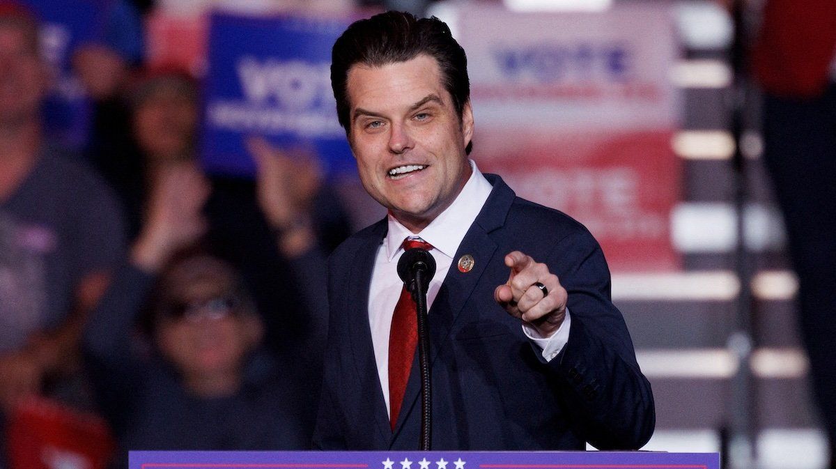 Republican U.S. Representative Matt Gaetz speaks at a campaign rally for Republican presidential nominee and former U.S. President Donald Trump in Henderson, Nevada U.S. October 31, 2024.