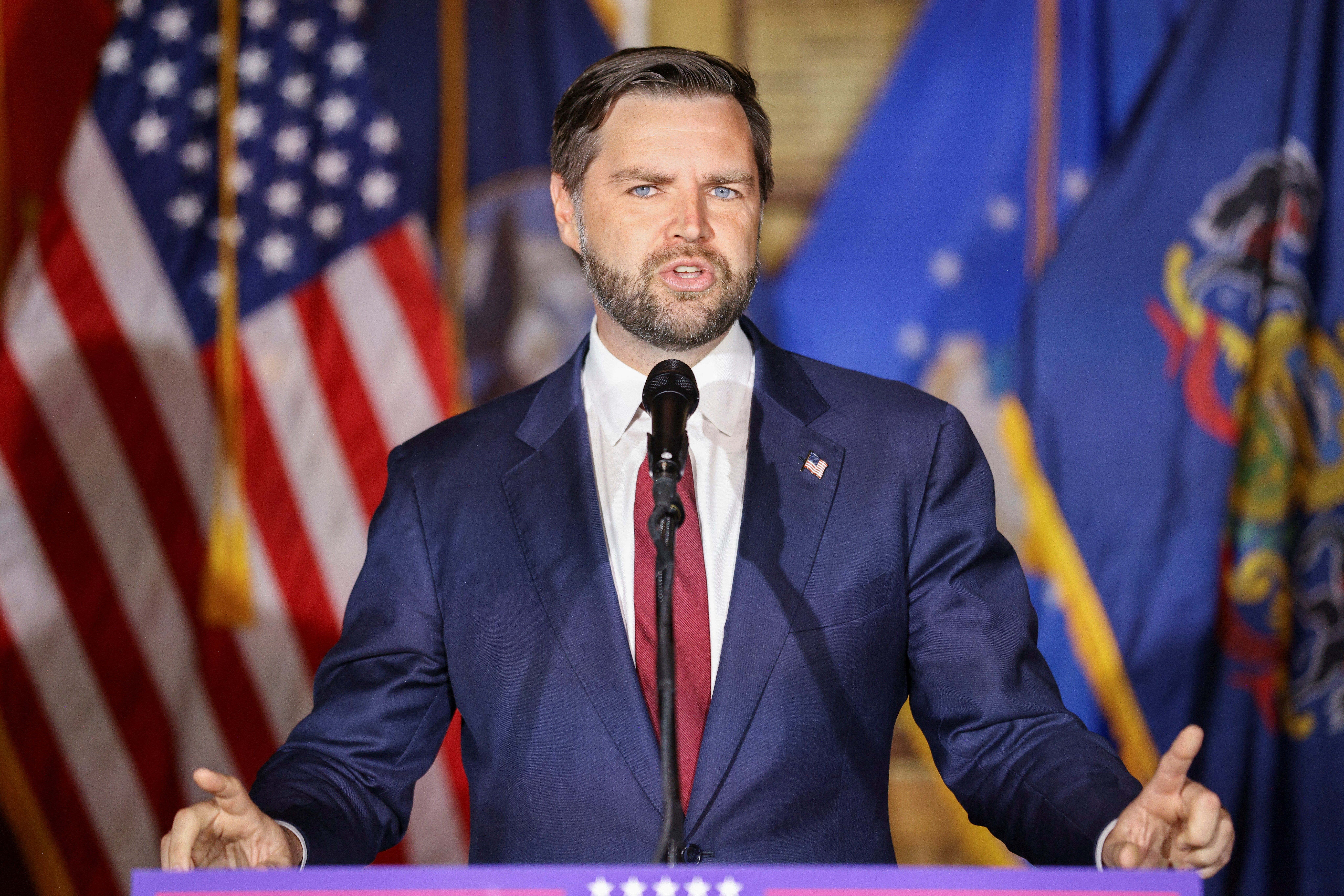 ​Republican U.S. vice presidential nominee JD Vance speaks at VFW Post 92 in New Kensington, Pennsylvania, U.S. August 15, 2024. 