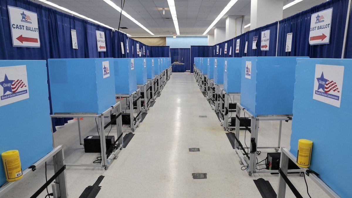 ​Rows of empty voting booths at the Chicago Board of Elections Loop Super Site on Clark Street are shown on Feb. 15, 2023, in Chicago. 