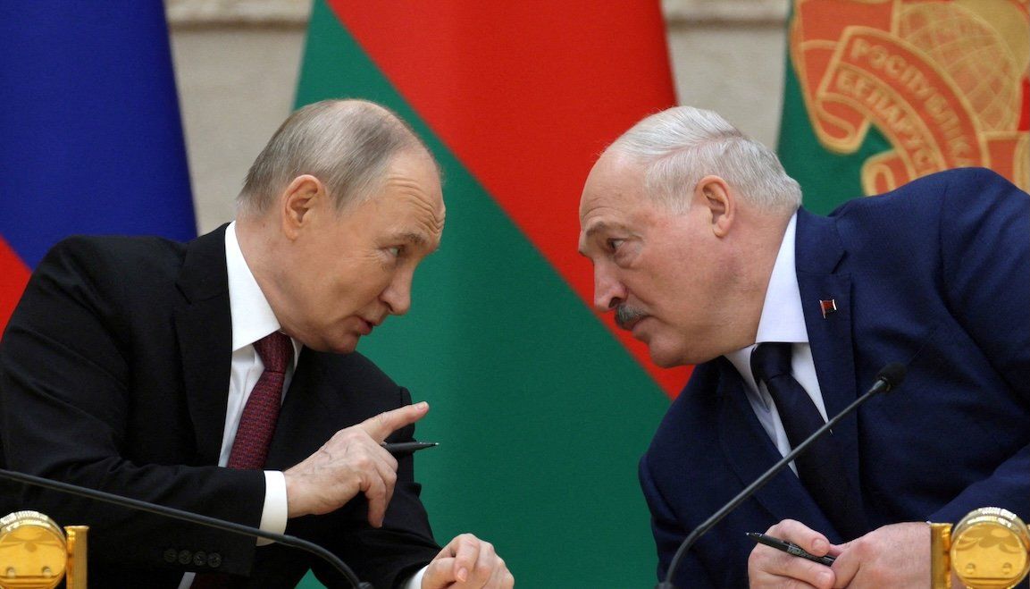 Russia's President Vladimir Putin and Belarus' President Alexander Lukashenko take part in a signing ceremony following a meeting of the Supreme State Council of the Union State of Russia and Belarus in Minsk, Belarus, on Dec. 6, 2024. 