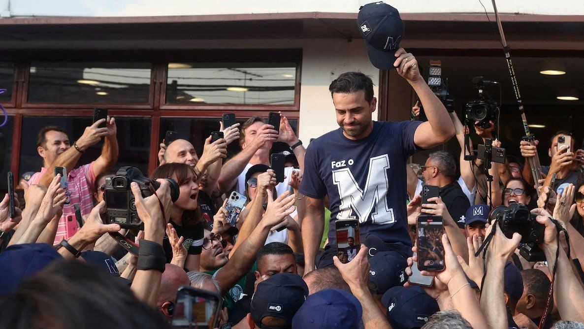 ​Sao Paulo far-right digital influencer and mayor candidate Pablo Marcal leaves a polling station on supporters' shoulders after voting at a polling station during the municipal elections in Sao Paulo, Brazil, on Oct. 6, 2024. 