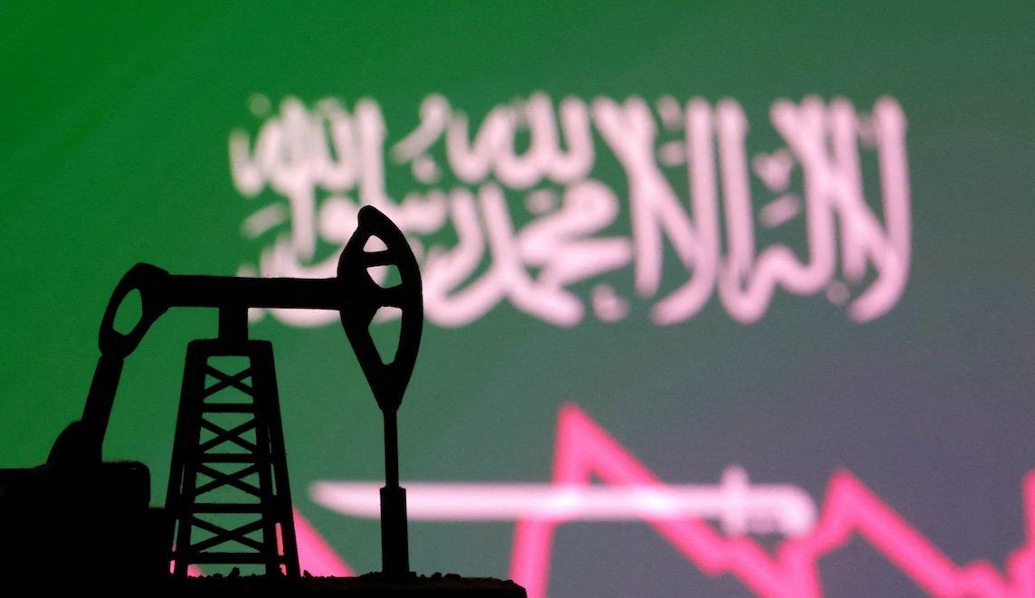 Saudi Arabian flag with stock graph and an oil pump jack miniature model are seen in this illustration.