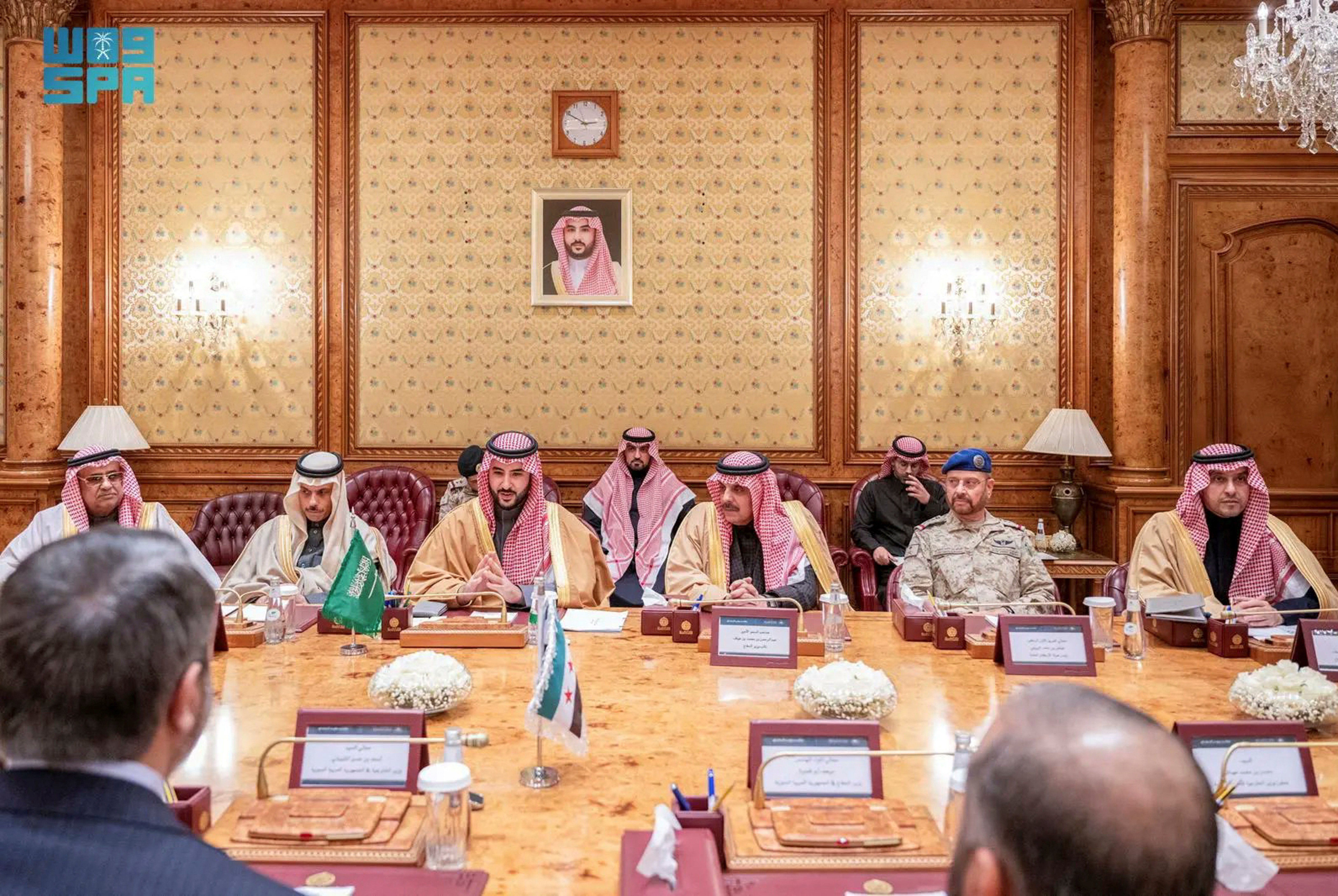 ​Saudi Arabia's Defense Minister Prince Khalid bin Salman meets Syria's newly appointed Foreign Minister Asaad Hassan al-Shibani, in Riyadh, Saudi Arabia, January 2, 2025. 