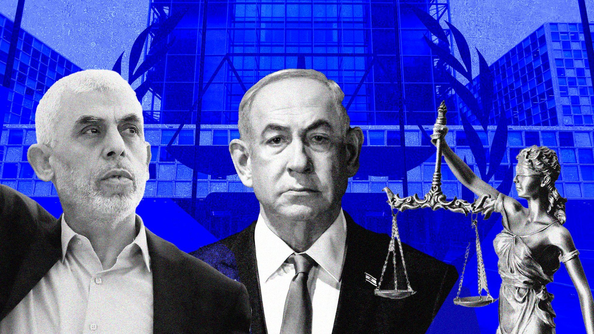 ​Scales of justice and Israeli and Hamas leaders in front of the ICC