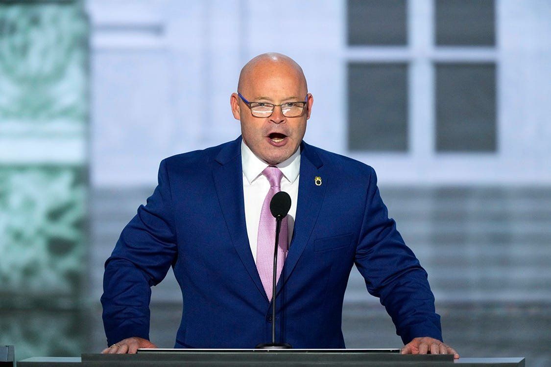 Sean O’Brien, President of the International Brotherhood of Teamsters speaks during the first day of the Republican National Convention.