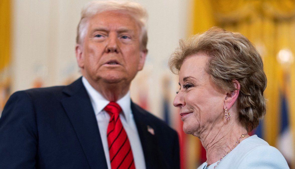 Secretary of Education Linda McMahon smiles during the signing event for an executive order to shut down the Department of Education next to U.S. President Donald Trump at the White House in Washington, DC, March 20, 2025.