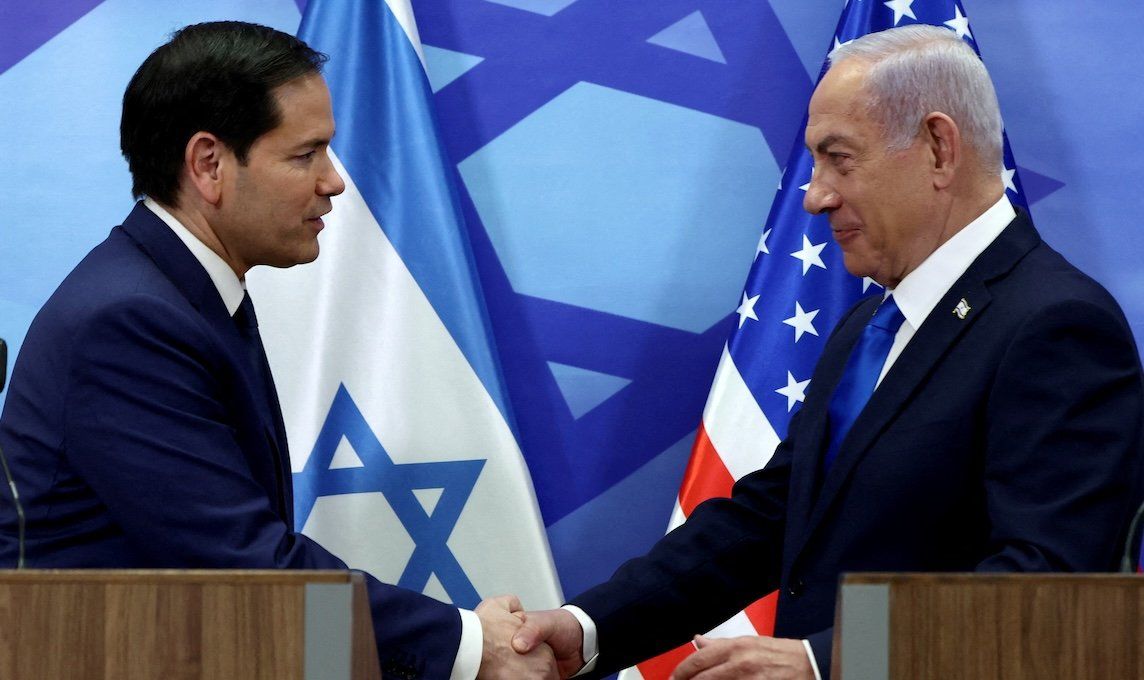 Secretary of State Marco Rubio and Israeli Prime Minister Benjamin Netanyahu shake hands as they make joint statements to the press at the Prime Minister's office in Jerusalem on Feb. 16, 2025.