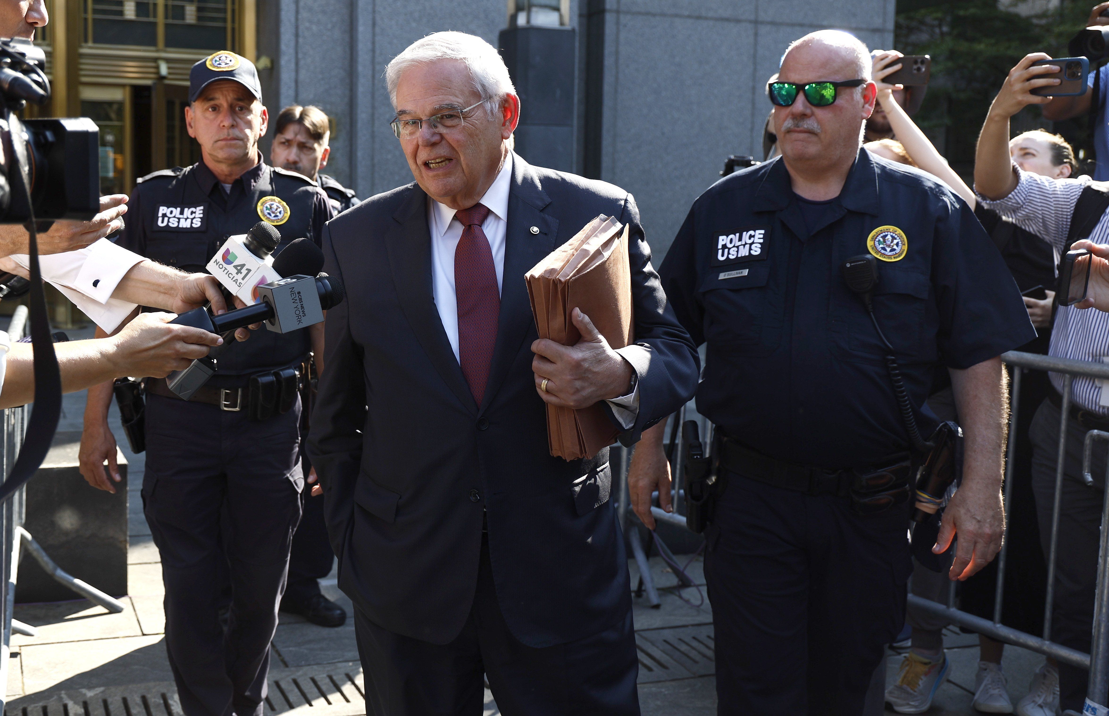 Senator Bob Menendez (D-NJ) leaves the United States District Court for the Southern District of New York after the second day of deliberations after an indictment for an alleged 16 counts of conspiracy on July 15, 2024, in New York City. Menendez is charged with using his political influence to benefit Egypt in exchange for compensation, a scheme orchestrated by his wife and by three business co-conspirators, Wael Hana, Jose Uribe and Fred Daibes who are charged with similar crimes relating to payments made to Menendez on Monday September 25, 2023 the Senator denied all allegations and that the $500,000 found in his house by agents is an old fashioned way of safeguarding money against emergencies.