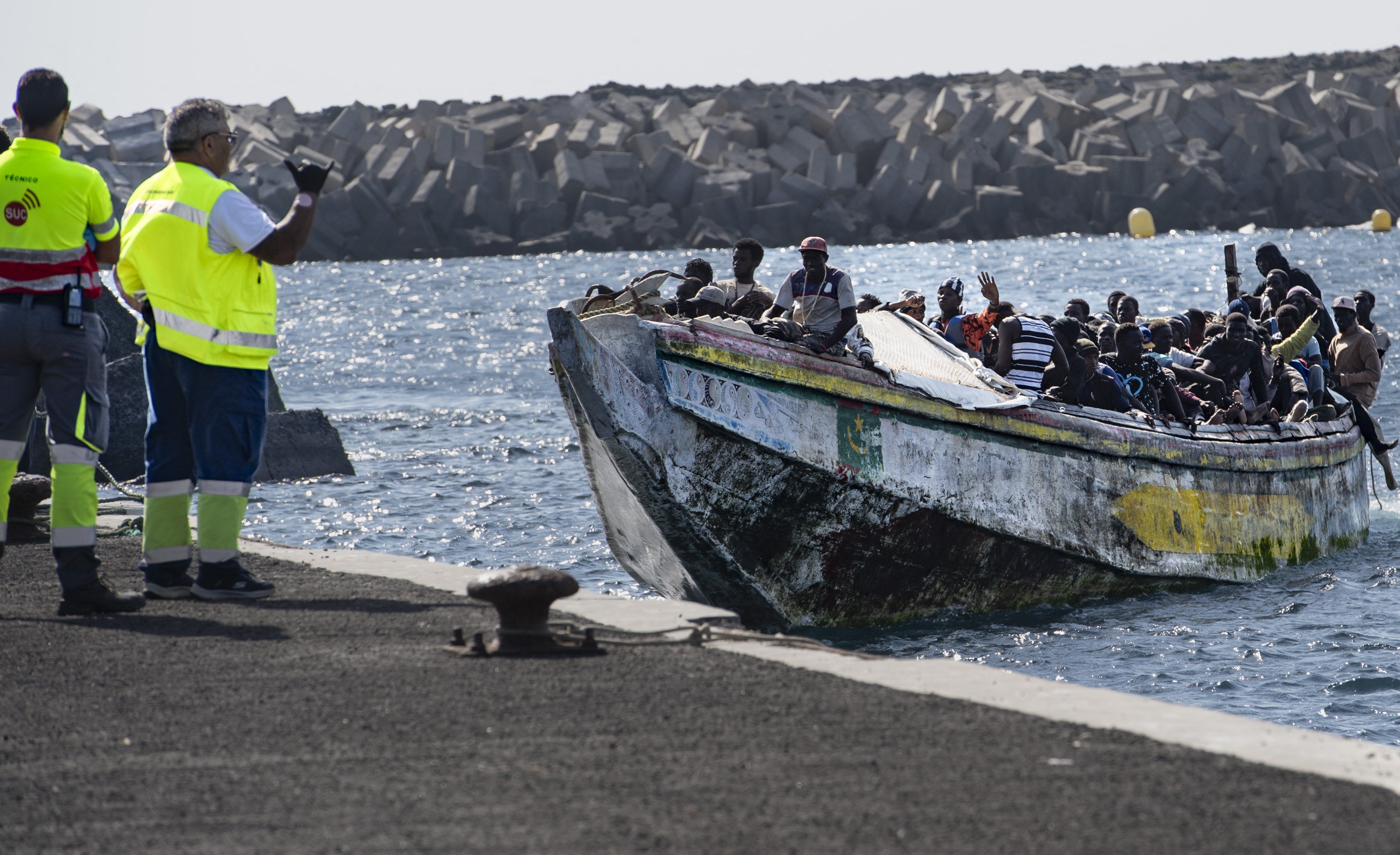 Several migrants on their arrival at the port of La Restinga, on September 22, 2024, in El Hierro, Canary Islands, Spain.