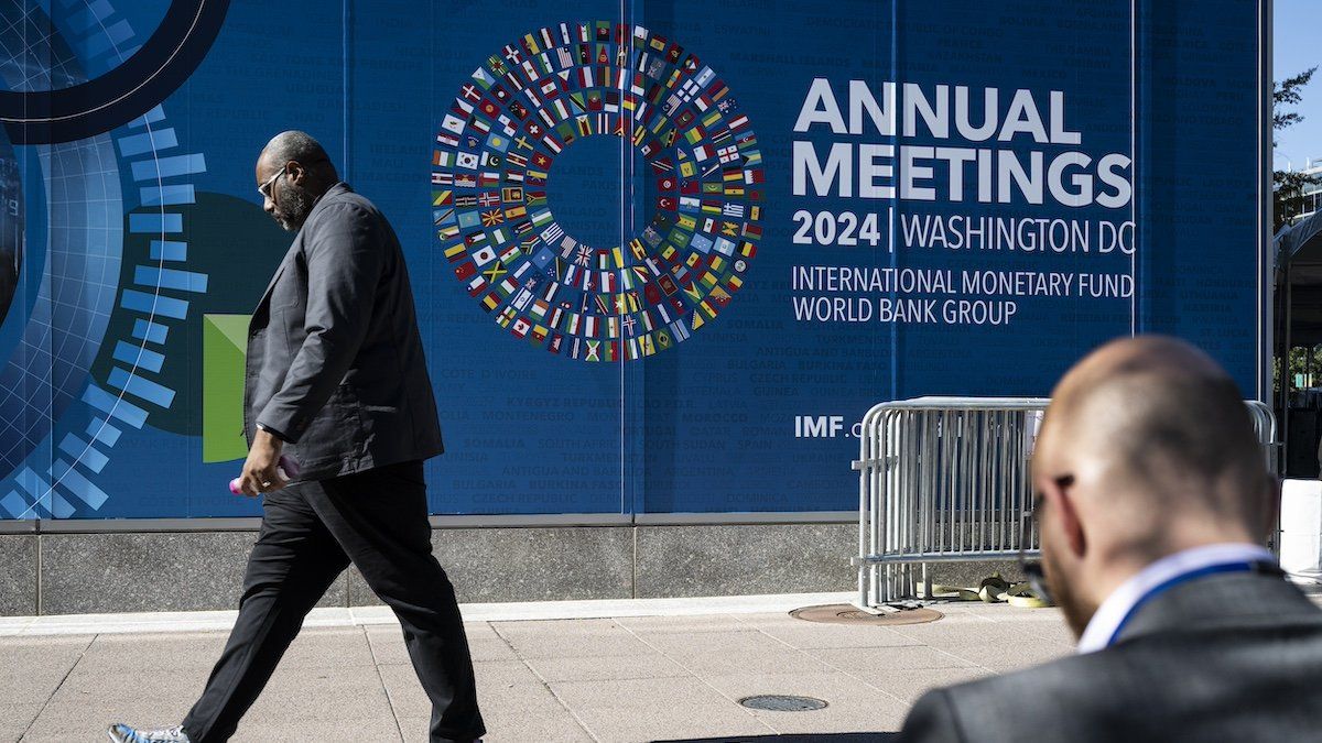 ​Signage for the International Monetary Fund (IMF) and World Bank Group (WBG) 2024 Annual Meetings is seen at the IMF secondary headquarters, in Washington, D.C., on Monday, October 21, 2024. 