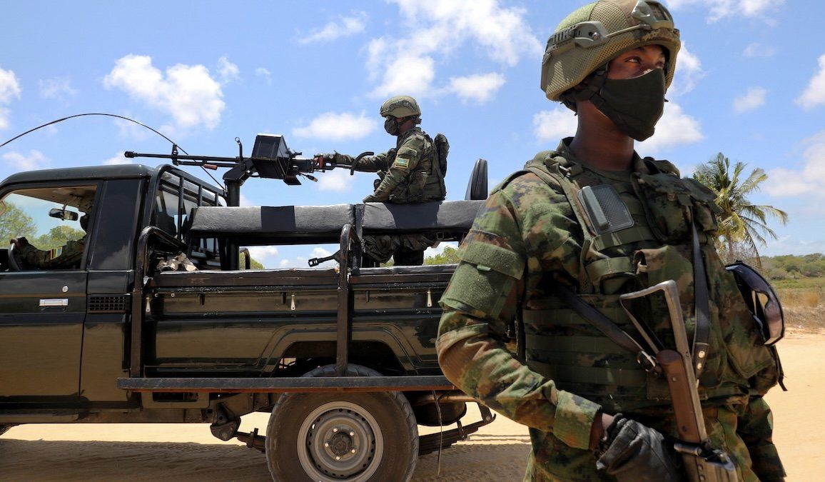 Soldiers from the Rwandan security forces are seen near the Afungi natural gas site in Mozambique on Sept. 22, 2021. 