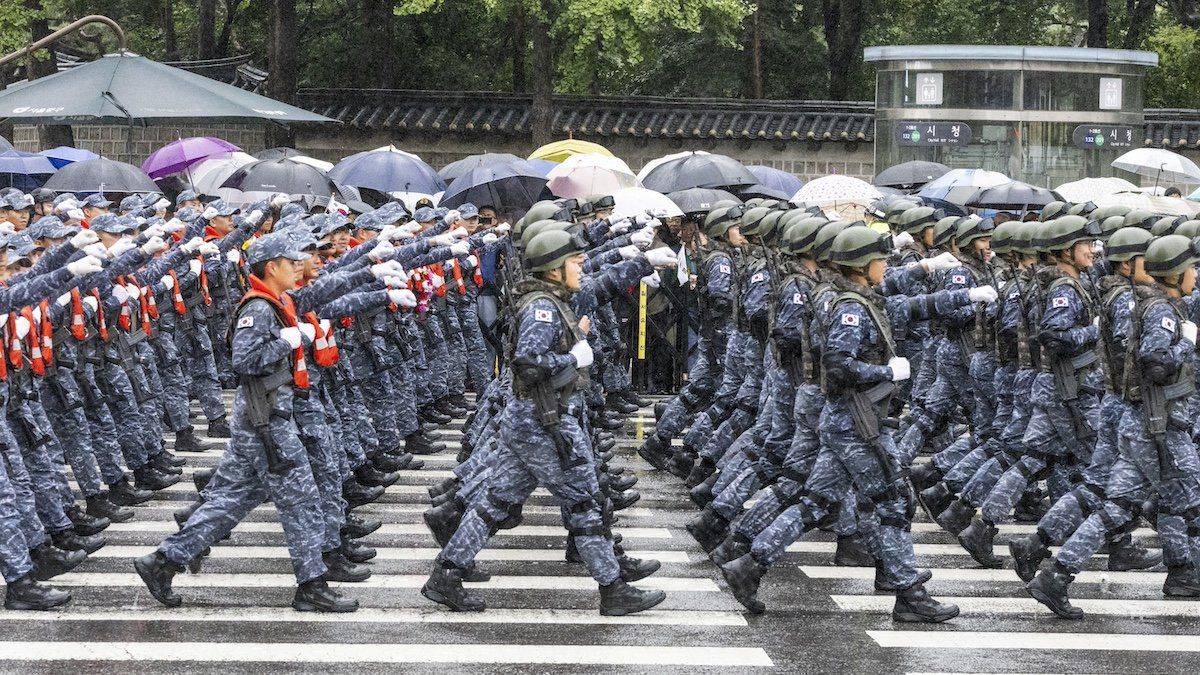 ​South Korean military soldiers parade during the 75th South Korea Armed Forces Day ceremony at Sejong-daero in Seoul, South Korea, September 26, 2023. 