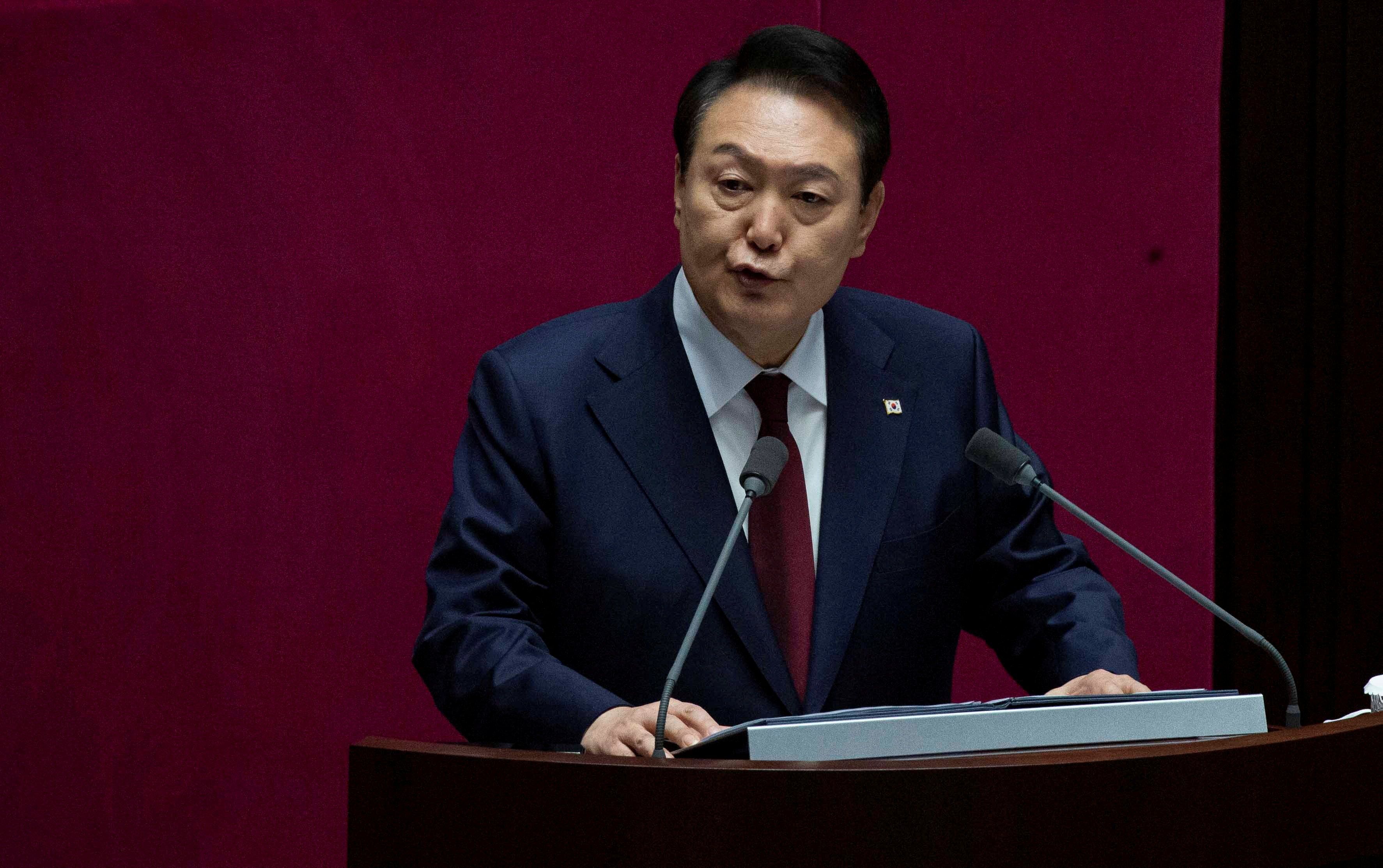 ​South Korean President Yoon Suk-yeol speaks on the government budget at the National Assembly in Seoul, South Korea, 25 October 2022. 