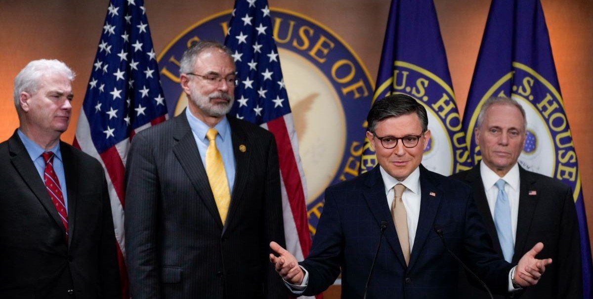 ​Speaker of the House Mike Johnson (R-LA), speaking alongside Republican leadership House Majority Whip Tom Emmer (R-MN), left, House Freedom Caucus Chair Andy Harris (R-MD), second from left, and House Majority Leader Steve Scalise (R-LA), right, during a press conference at the United States Capitol on Tuesday, March 11, 2025.