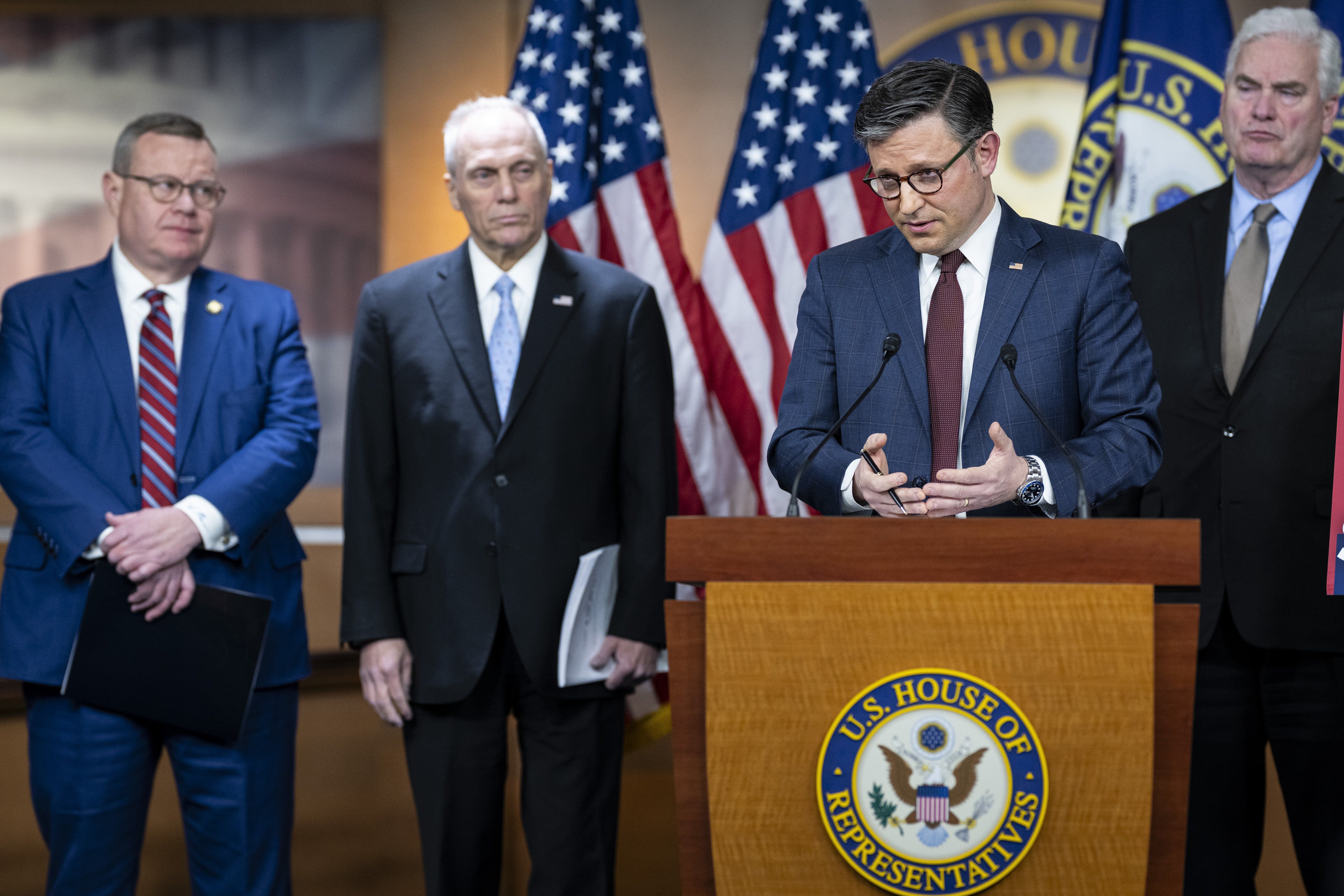 ​Speaker of the House Mike Johnson’s (R-LA) speaks to media during the weekly House Republican Leadership press conference, at the U.S. Capitol, in Washington, D.C., on Tuesday, February 25, 2025. 