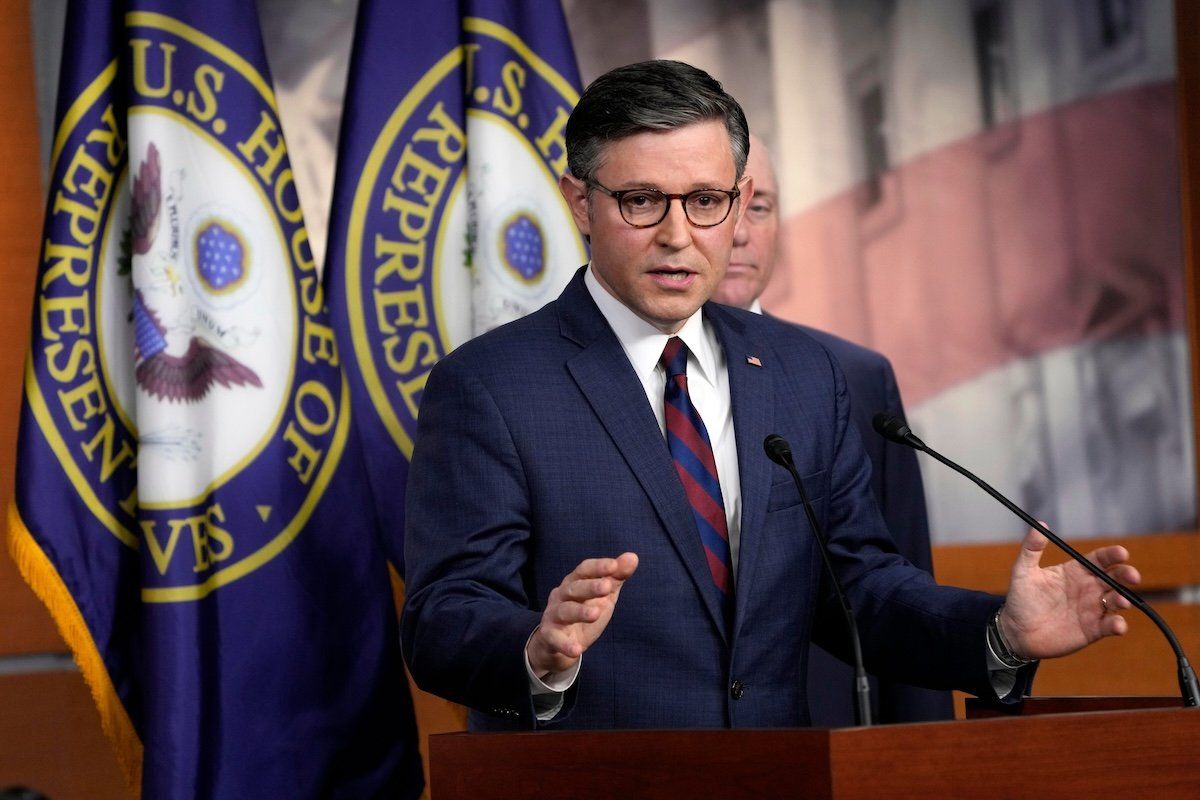 ​Speaker of the House Mike Johnson speaks during a news conference at the US Capitol on May 7, 2024, in Washington, DC.