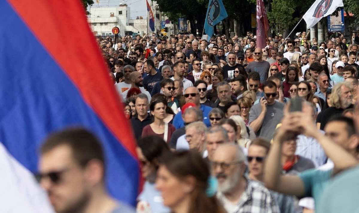 Students and their supporters take part in a protest in Serbia