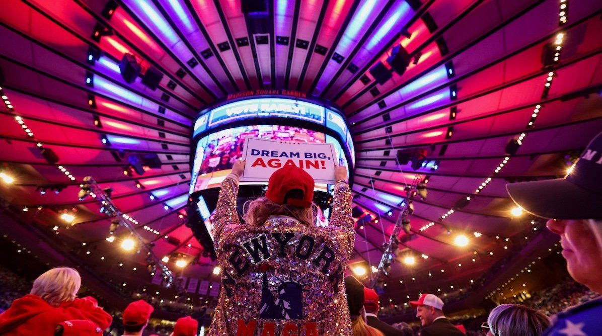 ​Supporters attend a rally for Republican presidential nominee and former President Donald Trump at Madison Square Garden, in New York, U.S., on Oct. 27, 2024. 