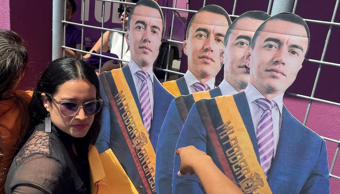 ​Supporters hold cardboard cutouts of Ecuadorian President Daniel Noboa, days before the Ecuadorian presidential election, in Guayaquil, Ecuador, on Feb. 4, 2025. 